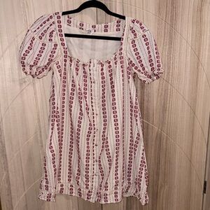 Anthropologie White Dress with Red Floral Stripe Detailing